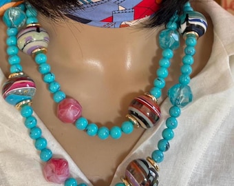 MARION GODART Paris Collier Marbres Murano No2 Långt Turkosblått och Murano-randigt Hartspärlhalsband Franska Designersmycken