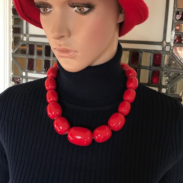 MARION GODART Paris Collier Perles Rouge Graduées Résine Rot Perlen Art Glas Halskette Französischer Modeschmuck