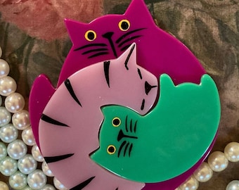 Marie-Christine PAVONE Chat Puzzle Fuchsia Rose Lagon Handmade Dark Light Pink and Green Jigsaw Cat Brooch French Designer Costume Jewelry