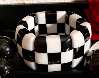 MARION GODART Paris Bracelet Damier Noir et Blanc Petit Modèle Checkered Black and  White Resin Elastic Bracelet French Design Jewelry