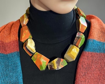 MARION GODART Paris Collier Gros Morceaux Résine Multicolore Chunky Spotty Earth Color Resin Necklace French Costume Jewelry