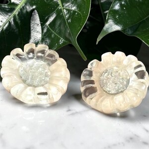 DOMINIQUE DENAIVE Paris French Haute Couture Handcrafted Absinthe Green Gold Resin Flower and Drop Clip-on Earrings French Design Jewelry