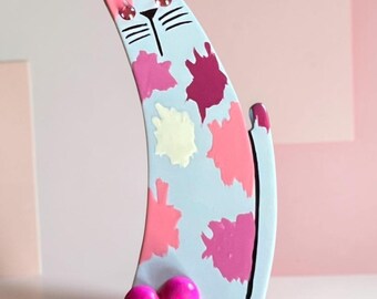 Marie-Christine PAVONE Artistic Broche Chat Pollock Rose Camieu Handmade Gray Galalith Multi Pink Painted Cat Brooch French Designer Jewelry
