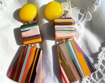 MARION GODART Paris Boucles D'Oreilles Bonbons Ballant D'Éventail yellow & Multi Color Cube and Fan Resin Clip-on  French Designer Earrings