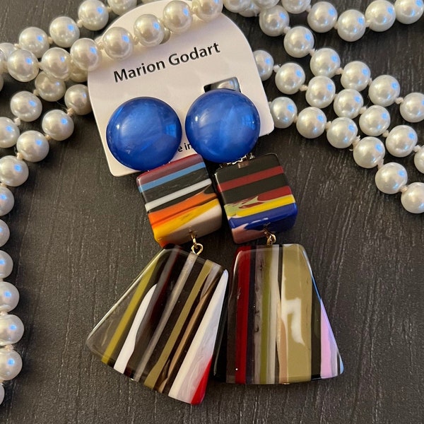 MARION GODART Paris Boucles D'Oreilles Bonbons Ballant D'Éventail Bleu Multi Color Cube and Fan Resin Clip-on Earrings French Design Jewelry