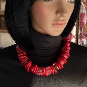 LANGANI Marked Handmade Artistic Dark Red Different Shaped Acrylic Beads and Glass Rings Necklace European Fashion Designer Costume Jewelry