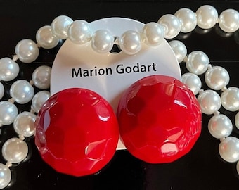 MARION GODART Paris Puces D'Oreilles Octagonal Facettes Strawberry Red Resin Clip-on Earrings French Design Costume Jewelry
