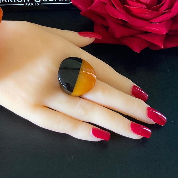 MARION GODART Paris Bague Duo Ronde Orange et Noir Round Black and Marigold Orange Art Glass Resin Ring Size 8 3/4 French Designer Jewelry