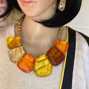 DOMINIQUE DENAIVE Paris French Haute Couture Handmade Warm Earth Colors and Gold Resin Flat Trapezoid Pebble Necklace French Design Jewelry