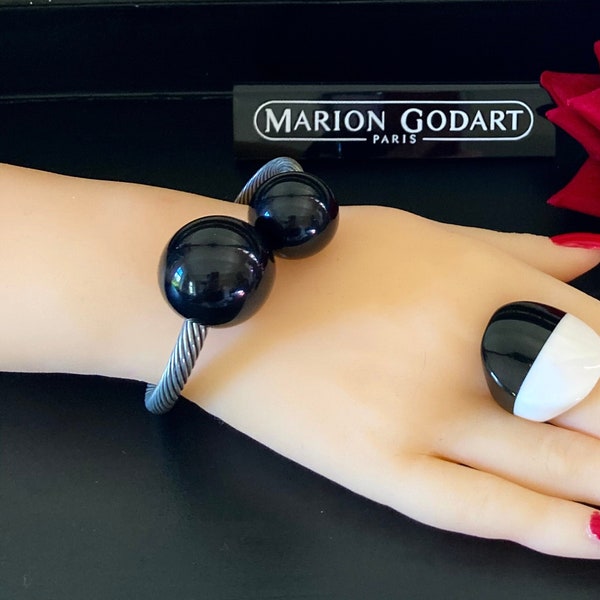 MARION GODART Paris Pulsera Fer Torsadé Balle Noir Resina Negra Brazalete brazalete Brazalete Traje Francés Bisutería Francesa