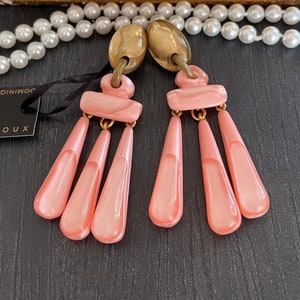 DOMINIQUE DENAIVE Paris French Haute Couture Handcrafted Pearlized Pink Resin Long Dangling Clip-on Earrings French Designer Jewelry