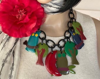 MARION GODART Paris Collier Forêt de Chouette Résine Multicolor Owl Forest Link Chain Necklace French Designer Jewelry