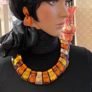 DOMINIQUE DENAIVE Paris French Haute Couture Handcrafted Multi-Color Marbled Resin Slim Flat Trapezoid Bib Necklace Paris Designer Jewelry
