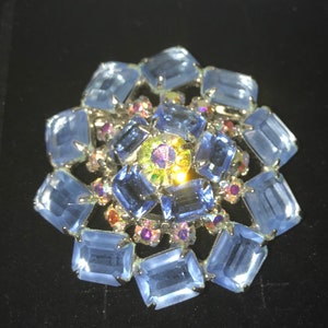 Amazing Blue Designer Brooch Aurora Borealis Emerald Cut Rhinestones Silver Metal High End 2&quot; Vintage 1970s
