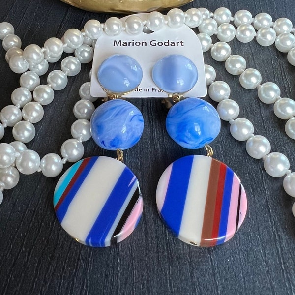 MARION GODART Paris Boucles D'Oreilles Disque Bonbon Rayé Bleu No1 Multicolor Striped Resin Disc Clip-on Earrings French Designer Jewelry