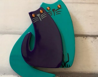 PAVONE Broche Double Chat Turquoise Marine Handmade Turquoise and Blue Galalith Cats in Love Brooch French Designer Jewelry