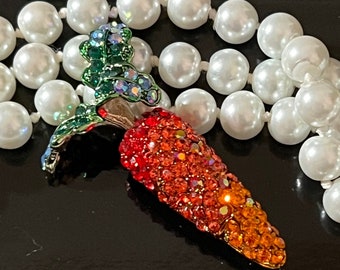 MARION GODART Paris Broche Carotte Petit Naranja Brillante Rhinestone Zanahoria Broche/Colgante Diseñador Francés Bisutería