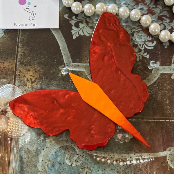 Marie-Christine PAVONE Broche Papillon Grande Bordeaux Large Handmade Marbled Rusty Red and Orange Butterfly Brooch French Designer Jewelry