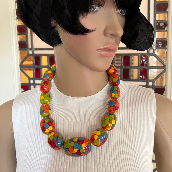 MARION GODART Paris Collier Perles Clair Confetti Hard Resin Oval Beaded Clear and Multi Color Confetti Necklace French Designer Jewelry