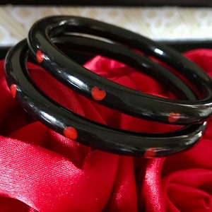 MARION GODART Paris Bracelet Noir Pois Rouge France Bijoux Fantaisie Thin Black Red Dots Bangle Bracelet 2 3/8&quot; French Designer Jewelry