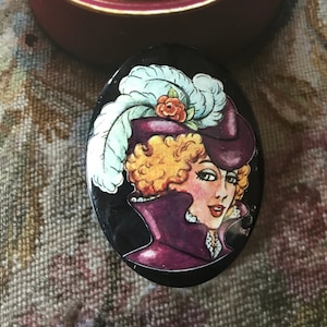 West Germany Signed Beautiful Oval Resin Cameo Brooch Pin Portrait of Pretty Lady with Dashing Hat 1950s
