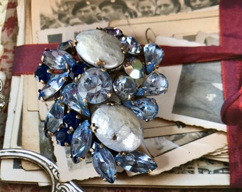 Albert WEISS Icy Blue Rhinestone Brooch Signed Lava Rock