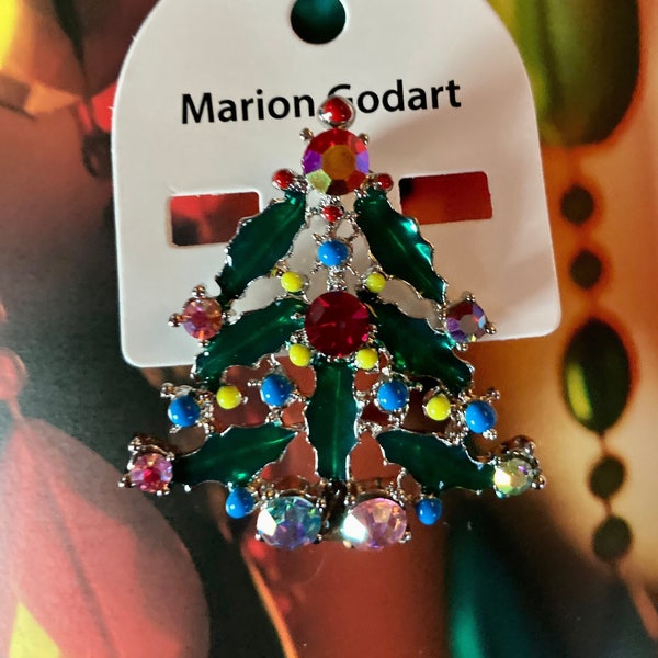 MARION GODART Paris Broche Sapin Noël Strass Small Green Enamel Sparkling Rhinestone Christmas Tree Brooch French Designer Costume Jewelry