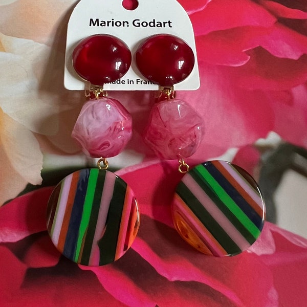 MARION GODART Paris Boucles D'Oreilles Disque Bonbon Rayé Multicolor Striped Resin Disc Clip-on Earrings French Designer Jewelry