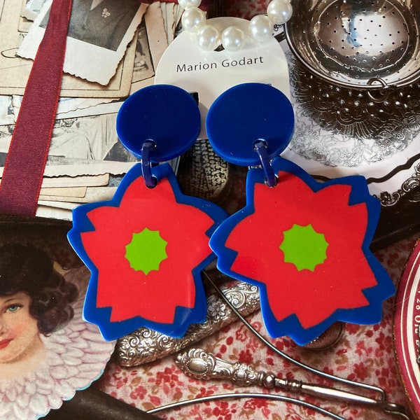 MARION GODART Paris Boucles D'Oreilles Fleur Bleu Rouge Résine Vintage blauwe rode en groene bloem clip-on oorbellen Franse designer sieraden