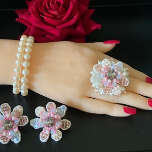MARION GODART Paris Ensemble Fleur D&#39;Aguille Sparkly White and Pink Beaded  Needlecraft Ring and Clip-on Earrings French Designer Jewelry