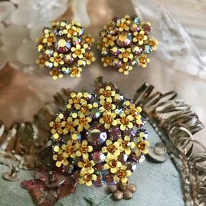 WEISS Aurora Borealis Rhinestone & Yellow Enamel Layered Flower Clip Earrings and Brooch Set - Designer Signed  Vintage 1960s