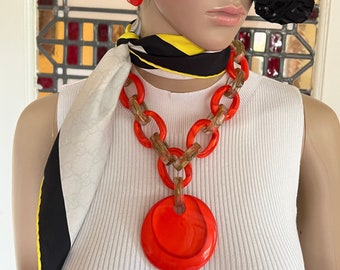 DOMINIQUE DENAIVE Paris French Haute Couture Handcrafted Coral Red and Gold Resin Link Chain Large Round Pendant Necklace French Designer