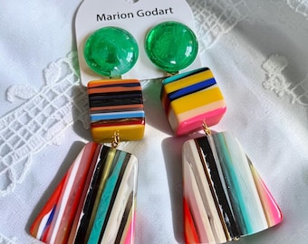 MARION GODART Paris Boucles D'Oreilles Bonbons Ballant D'Éventail Green Multi Color Cube & Fan Resin Clip-on Earrings French Design Jewelry
