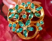 Beautiful Aqua Rhinestone Small Brooch Blue Flower Cluster Pin Gold Metal 1 1 2 quot Mid Century Vintage 1960s