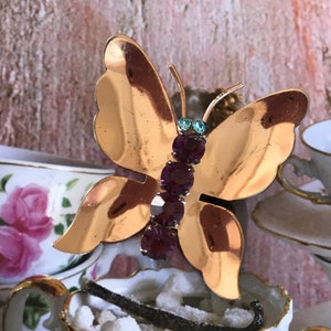CORO Sterling Craft Signed Art Deco Rose Gold Vermeil Purple Rhinestone Butterfly Brooch  1 3/4&quot; tall - Vintage 1940s