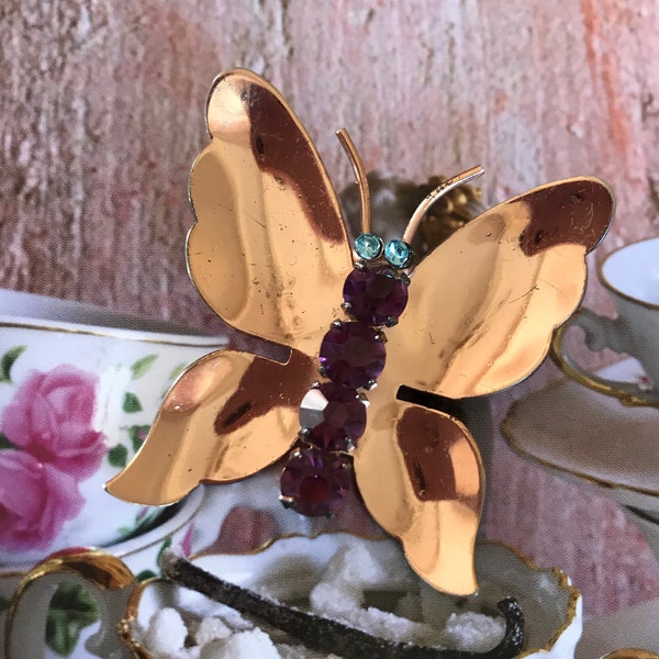 CORO Sterling Craft Signed Art Deco Rose Gold Vermeil Purple Rhinestone Butterfly Brooch  1 3/4" tall - Vintage 1940s