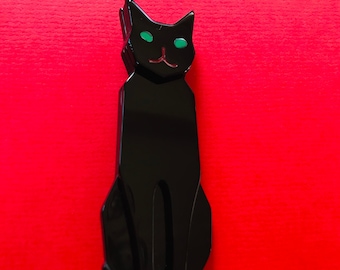 MARION GODART Paris Broche Chat Miaou Noir Résine Black Resin Cat Brooch Pin French Designer Costume Jewelry