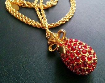 JOAN RIVERS Signed Red Rhinestone Pendant Necklace Gold-Plated Classics Collection Faberge Crown Egg Pendant Vintage Costume Jewelry 1990s