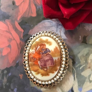 Fragonard Brooch Porcelain Courting Couple Brooch Pendant Pearl Accents Gold metal 2&quot; Vintage Signed Denise 1970s
