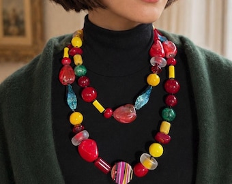 MARION GODART Paris Collier Exubérant Long Knotted One Strand Multi Color Red, Yellow Resin Multi Beaded Necklace French Designer Jewelry
