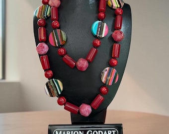 MARION GODART Paris Collier Disques Bonbon Rayé Long Knotted Raspberry Red Pink and Multicolor Striped Disks Necklace French Design Jewelry