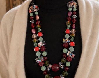 MARION GODART Paris Collier Multicouleur Chic 2 Strand Multi Gem and Pastel Confettied Clear Resin Knotted Necklace French Designer Jewelry