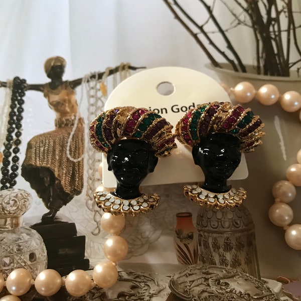 MARION GODART Paris Mid-Century Inspired Rhinestone Nubian Clip-on Earrings Black Enamel Gold Tone Metal French Designer Costume Jewelry
