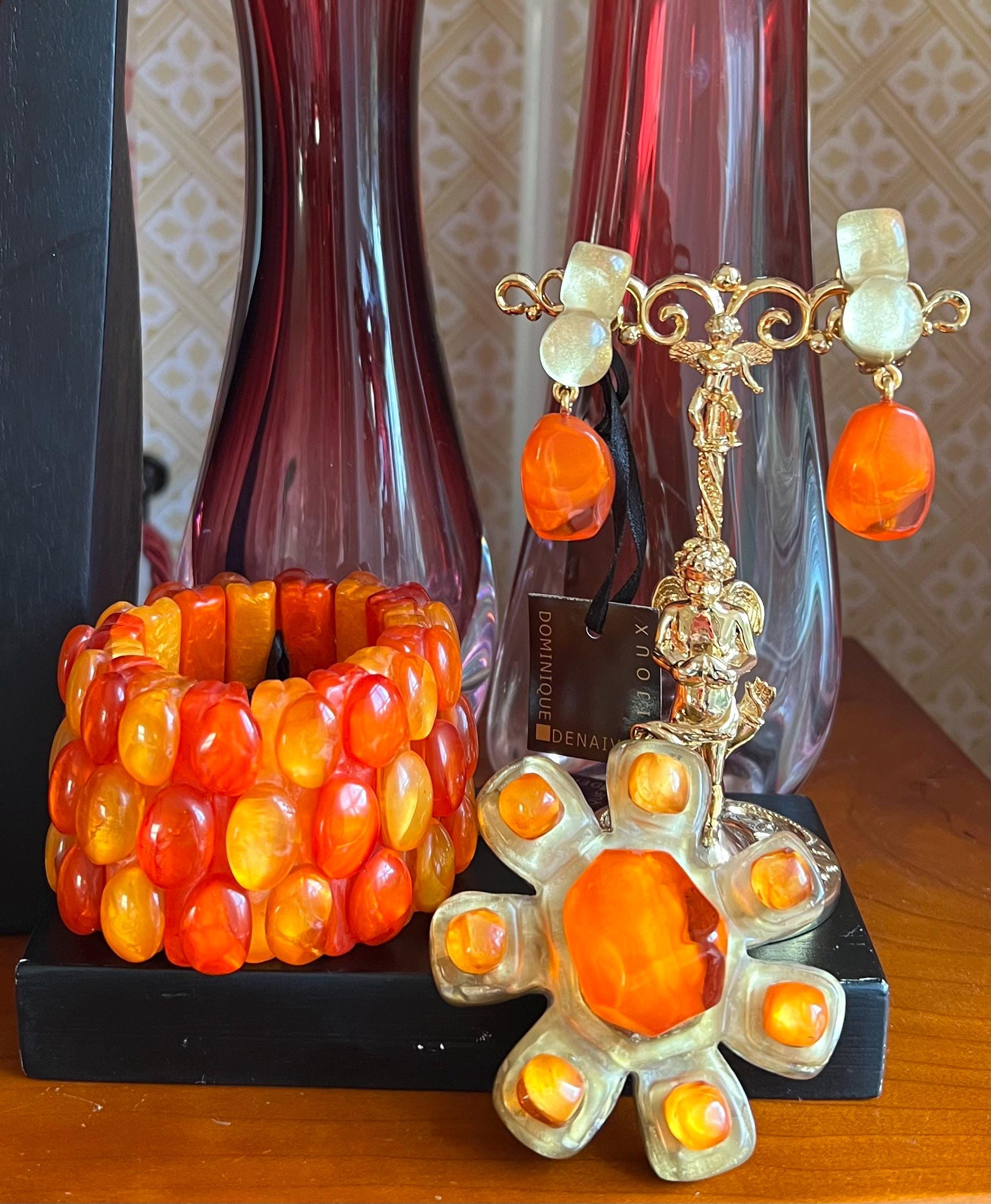 Collier Sautoir Vintage Dominique Denaive - Argenté Orange Résine, Chaîne Longue En Alliage, Occasion