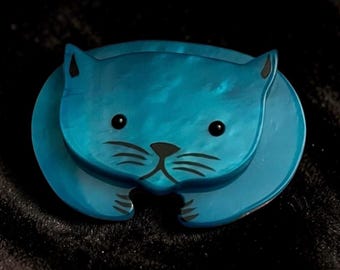 Marie-christine PAVONE Broche Chat Ours Turquoise Handmade Marbled