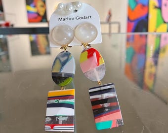 MARION GODART Paris Boucles Bonbons Ballant Angle Translucide  No1 Dangling Clear&Multi Color Clip-on Earrings French Designer Jewelry
