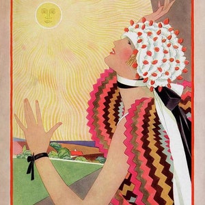May include: A woman in a white and red hat with a geometric patterned dress, looking up at a bright yellow sun with a face. The background is a yellow sky with wavy lines and a green field with a house in the distance. The text "Vogue" is at the top of the image.