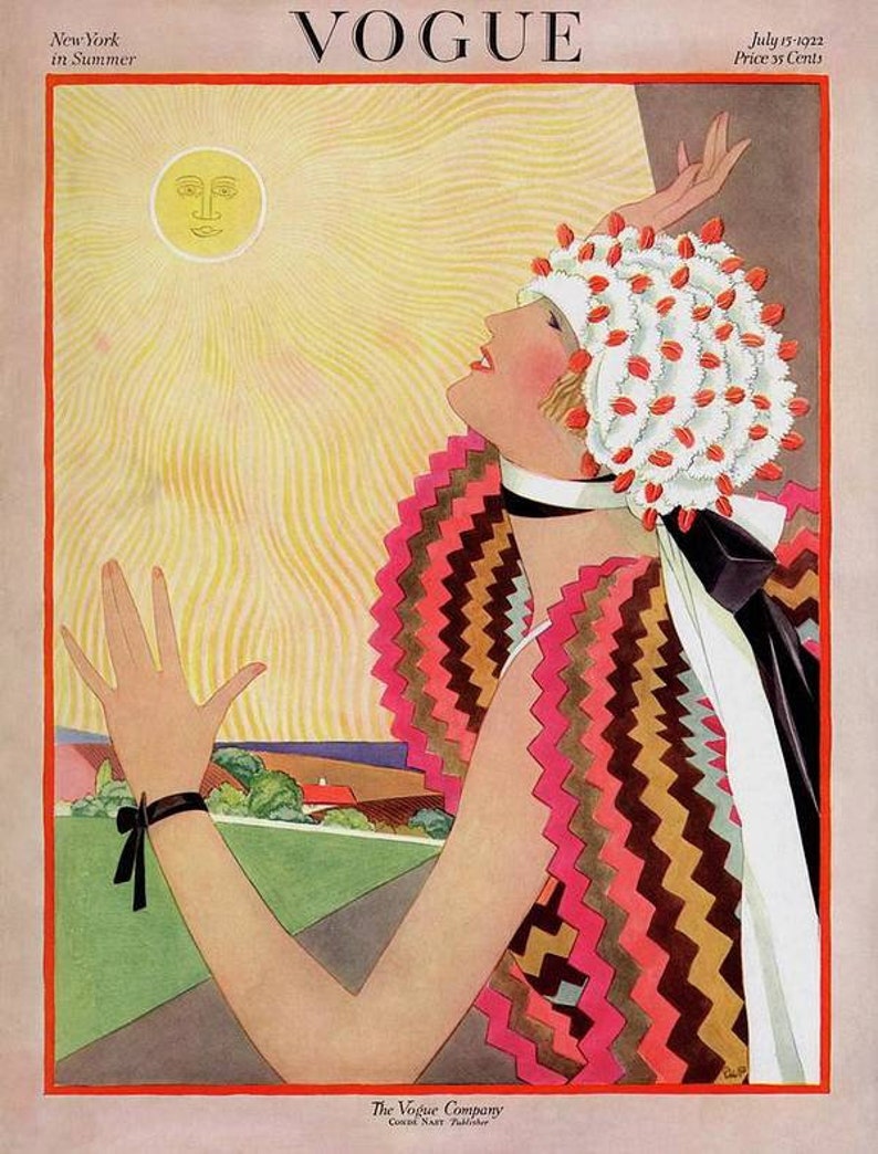 May include: A woman in a white and red hat with a geometric patterned dress, looking up at a bright yellow sun with a face. The background is a yellow sky with wavy lines and a green field with a house in the distance. The text "Vogue" is at the top of the image.