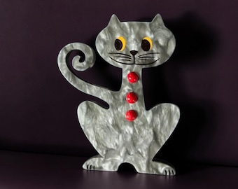 Marie-Christine PAVONE Broche Chat Aldo Grand Gris Handmade Glimmer Gray Galalith Buttoned Swirl Tail Cat Brooch French Designer Jewelry