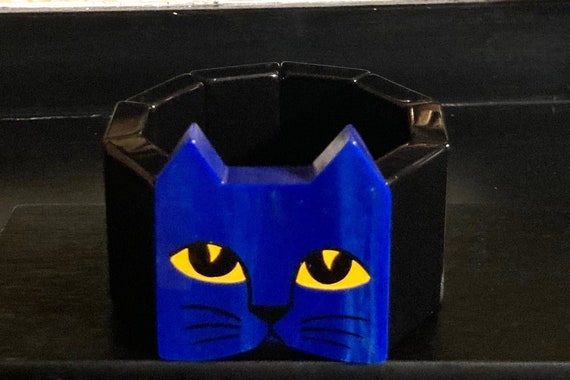 Marie Christine Pavone Bracelet Tete Chat Bleu Et Noir Etsy